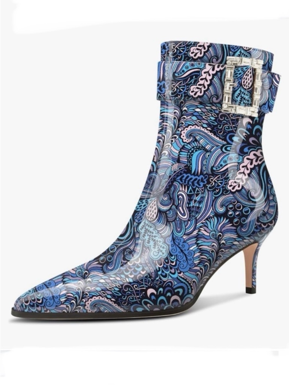 Women’s Blue Paisley Pointed-Toe Ankle Boot with Bling Style Buckle Size 9 NEW